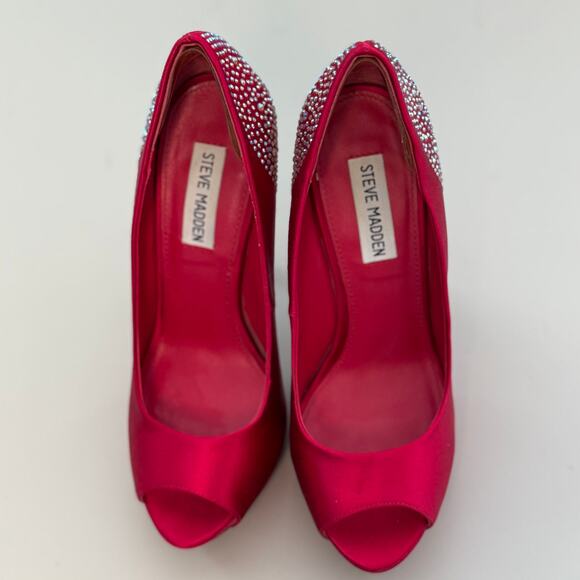Steve Madden Playy-r Raspberry Satin Rhinestone Open-toe Platform Heels - Picture 7 of 7